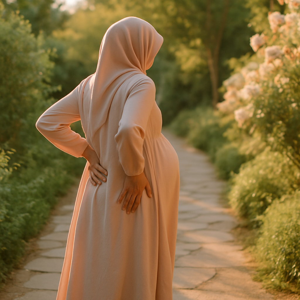 Sakin bir bahçe yolunda yavaşça yürüyen, bir elini beline koymuş hamile anne; arkadan görünüm, geç öğleden sonra ışığı — hamilelikte bel ağrısını hafifleten hafif yürüyüş