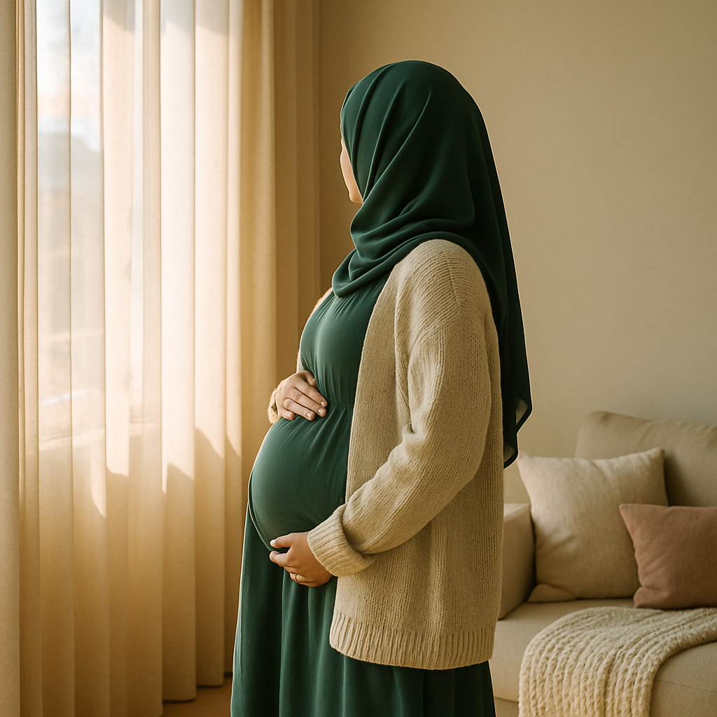 Akşam ışığında pencere kenarında durup elini karnına koyan, orman yeşili başörtülü hamile anne; arkadan profil görünüm — hamilelikte mide yanmasını hafifleten sakin an