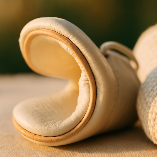 Krem hakiki deri ilk adım bebek ayakkabısının ince tabanının bükülerek esnekliğinin gösterildiği makro yakın çekim, warm beige keten zemin ve forest green bokeh — ilk adım ayakkabısı tabanı esneklik testi