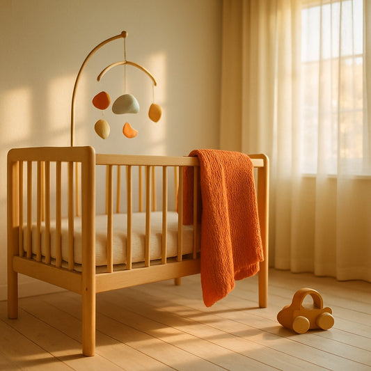 Aydınlık bebek odasında alçak açıdan ahşap beşik, geometrik keçe mobil, parmaklığa asılı sunset turuncu örgü battaniye ve yerde ahşap çekme oyuncağı; tül perdeden süzülen sabah ışığı — bebek ne zaman ayağa kalkar tutunarak ayakta durma