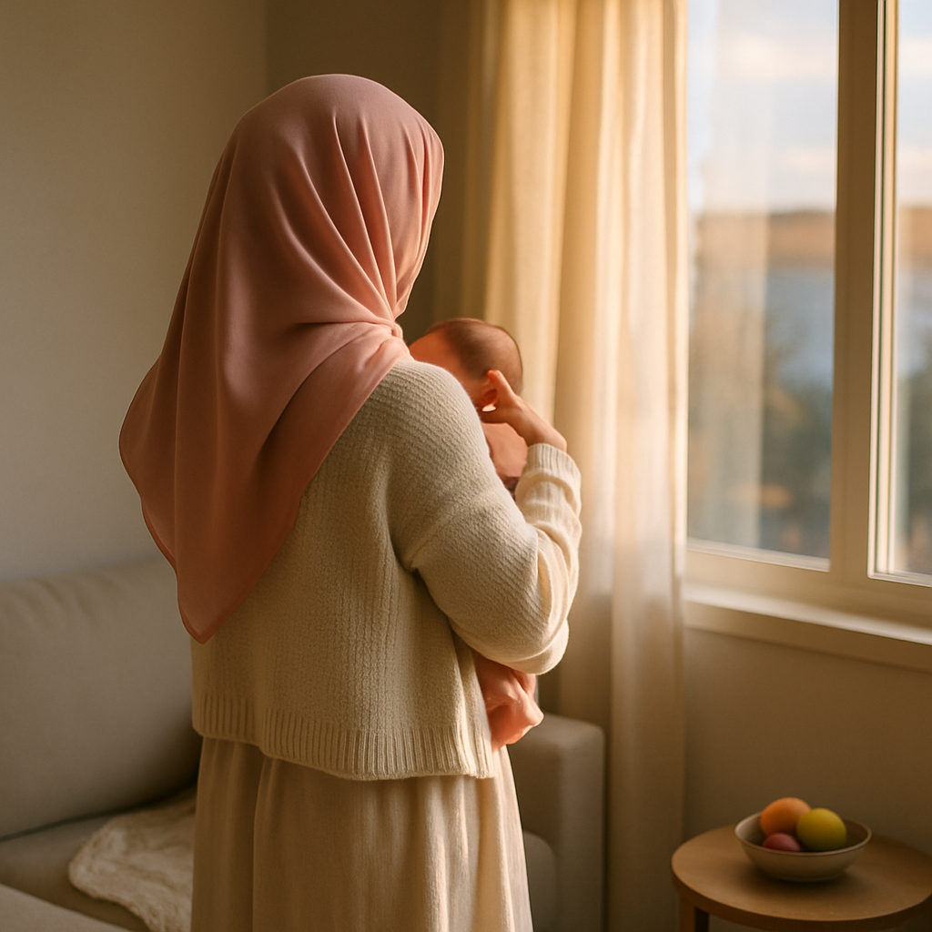 Pencere kenarında petal pembe başörtülü annenin kucağında kundaklı yenidoğanını tutarken arkadan görünümü, yumuşak ikindi ışığı — lohusa demir eksikliği ve demir açısından zengin beslenme
