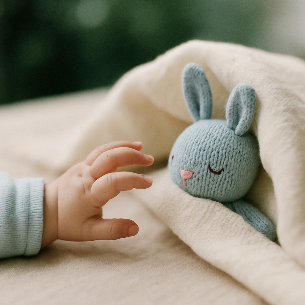 Bebek elinin yumuşak örgü oyuncak tavşana uzandığı yakın çekim, ce-ee oyunu