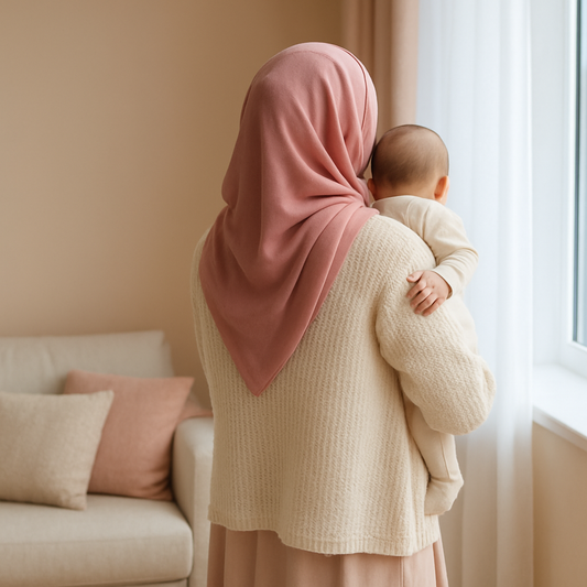 Pencere kenarında bebeğini kucağında tutan tesettürlü anne; bebek krem rengi organik pamuk body giymiş, arkadan görünüm — organik pamuk ve konvansiyonel pamuk farkı