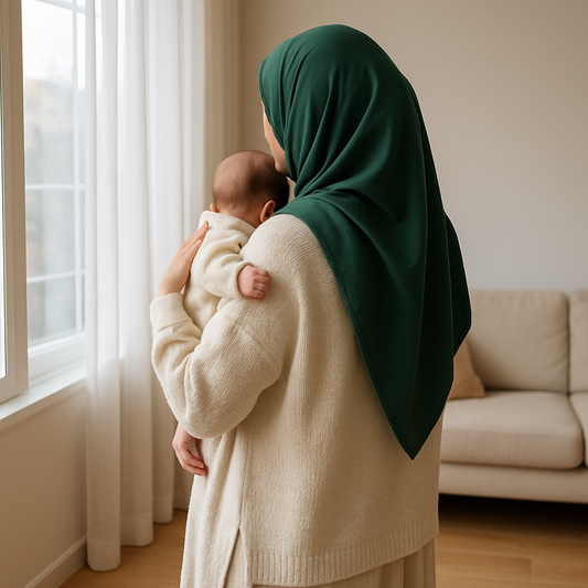 Pencere kenarında bebeğini kucağında tutan anne; bebek krem rengi organik pamuk zıbın giymiş, arkadan görünüm — organik iç giyim
