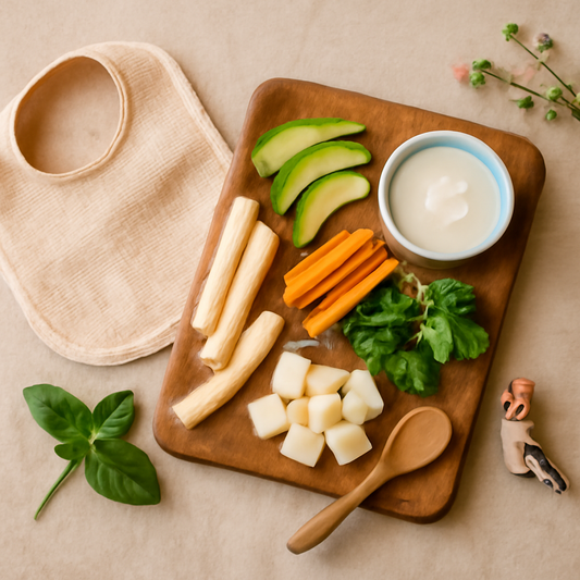 8-12 ay bebekler için parmak yiyecekleri: muz, avokado, tatlı patates ve brokoli — Maiyko organik bebek önlüğü ile flat lay