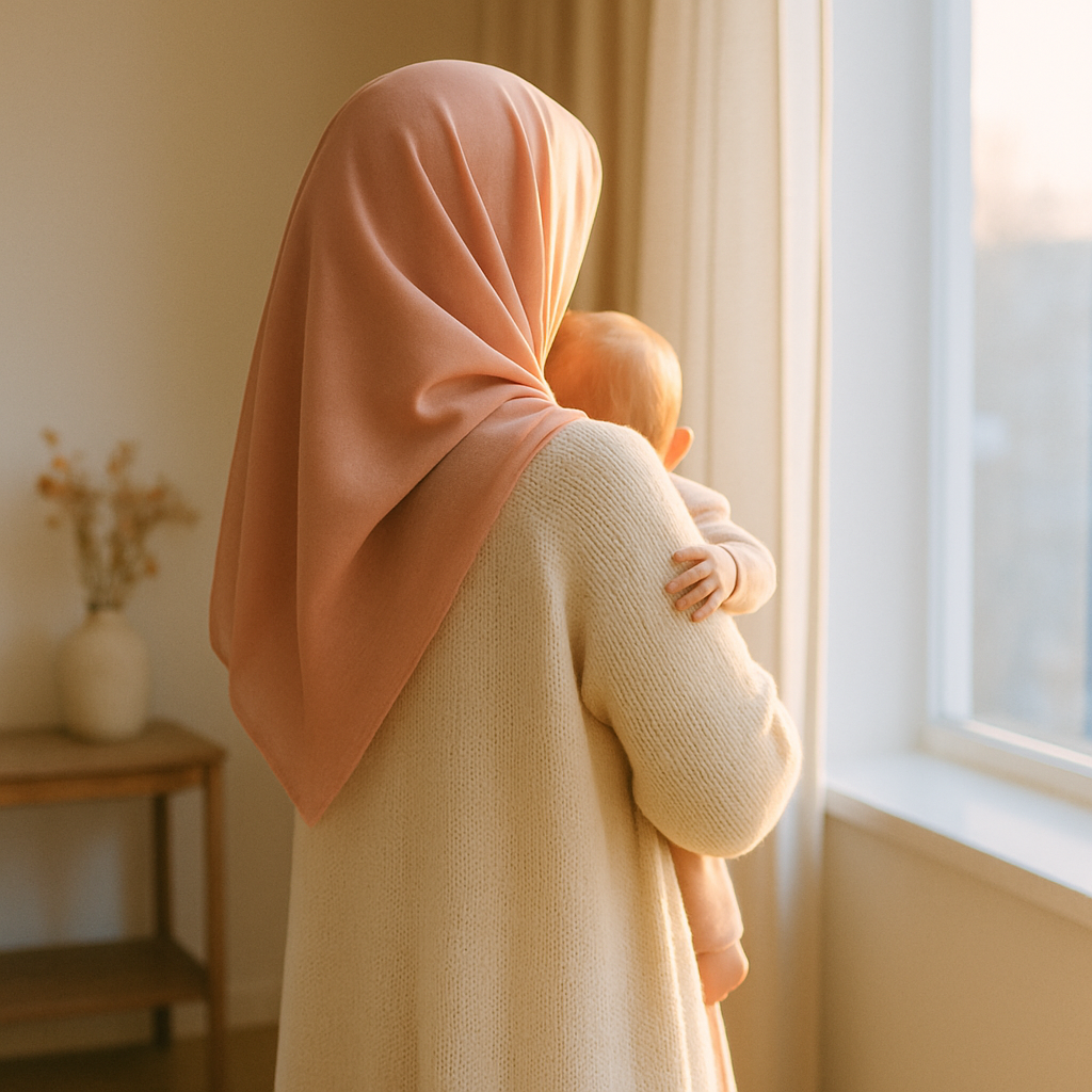 Postpartum dönemde bebeğini kucağında tutan anne, pencere kenarında arkadan görünüm, sabah altın saat ışığı