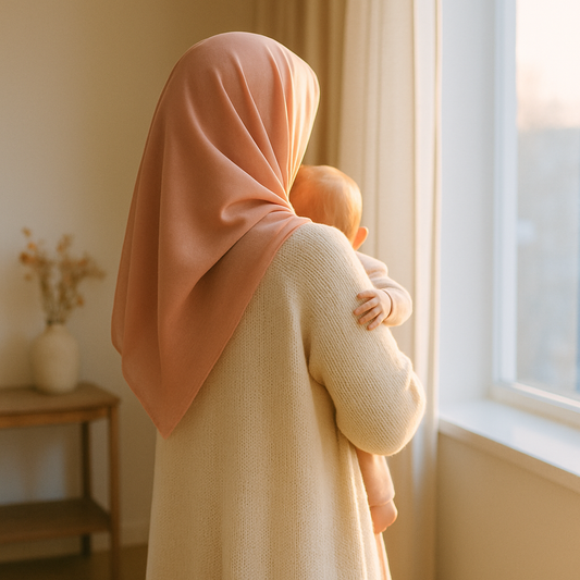 Postpartum dönemde bebeğini kucağında tutan anne, pencere kenarında arkadan görünüm, sabah altın saat ışığı