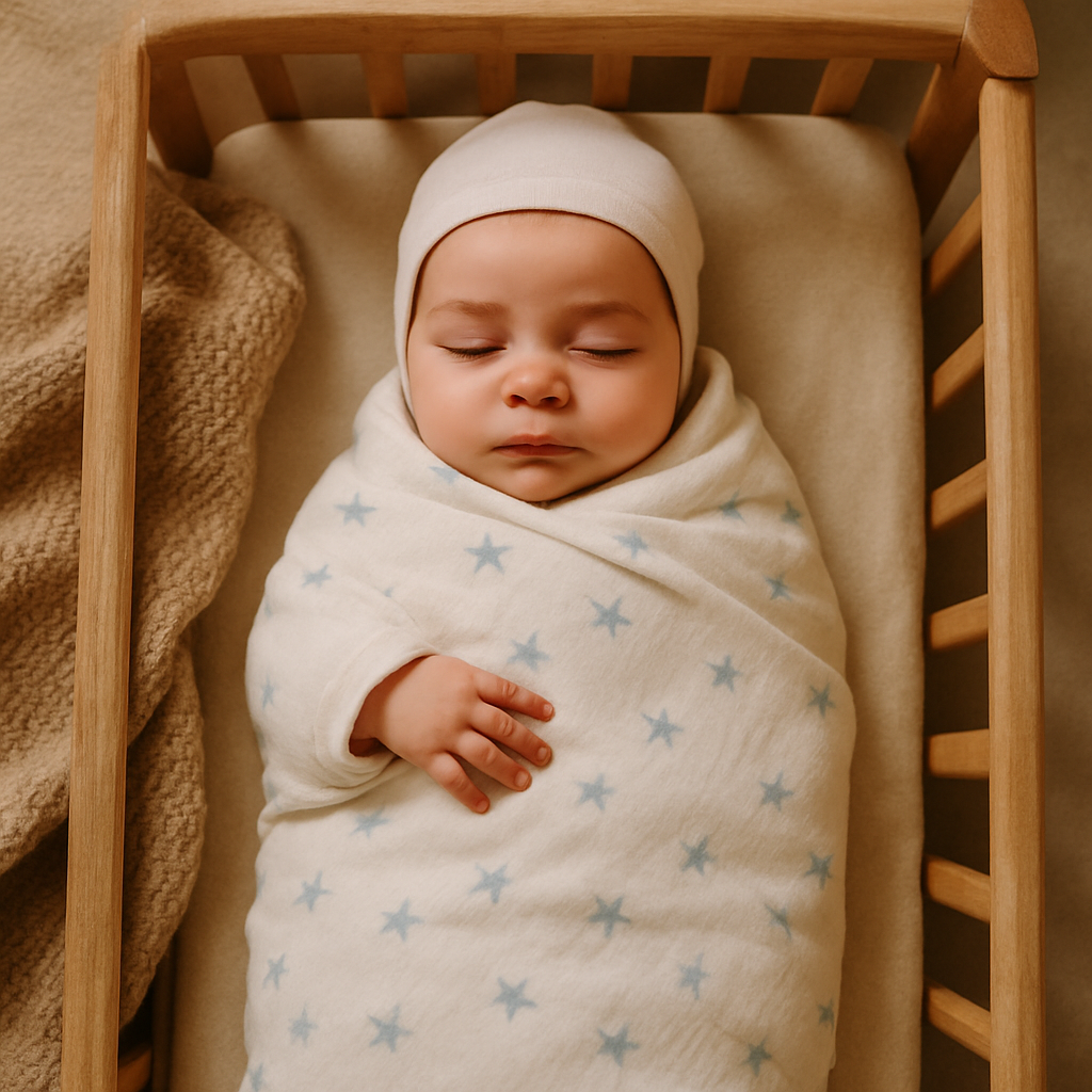 Bebek beşikte huzurlu uyurken üstten görünüm, organik pamuk swaddle ve yumuşak doğal ışık