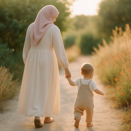 Anne ve bebeğin yaz öğleden sonrası bahçede el ele yürürken arkadan silüet geniş çekim, altın saat ışığı