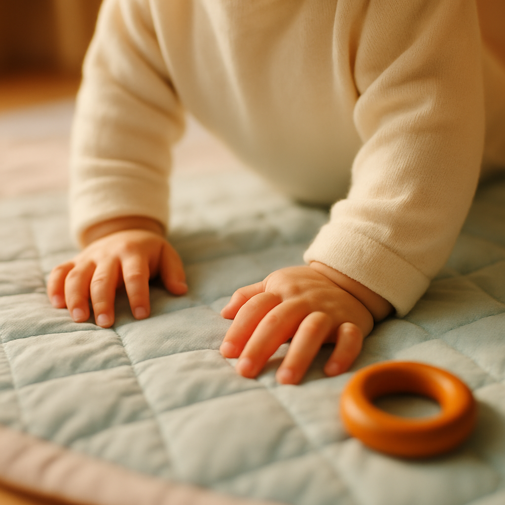 Tummy time sırasında buz mavisi kapitone oyun matına bastıran bebek ellerinin yakın çekimi, önde turuncu ahşap halka oyuncak — tummy time ve bebeklerde baş kontrolü gelişimi