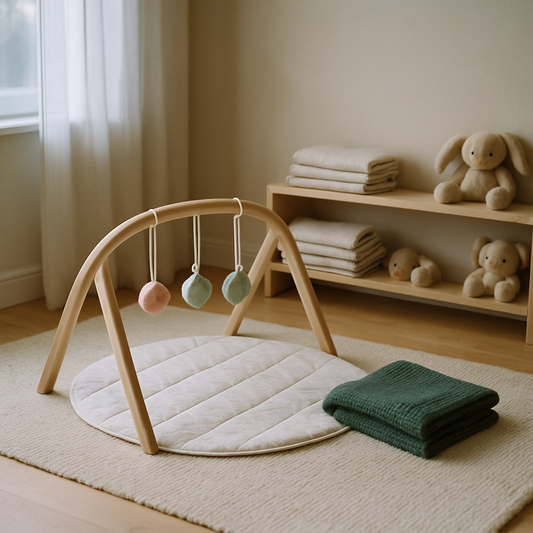 Aydınlık bir bebek odasında karın üstü zaman için hazırlanmış oyun matı, ahşap aktivite kemeri ve orman yeşili organik pamuk battaniye; tummy time ortamı