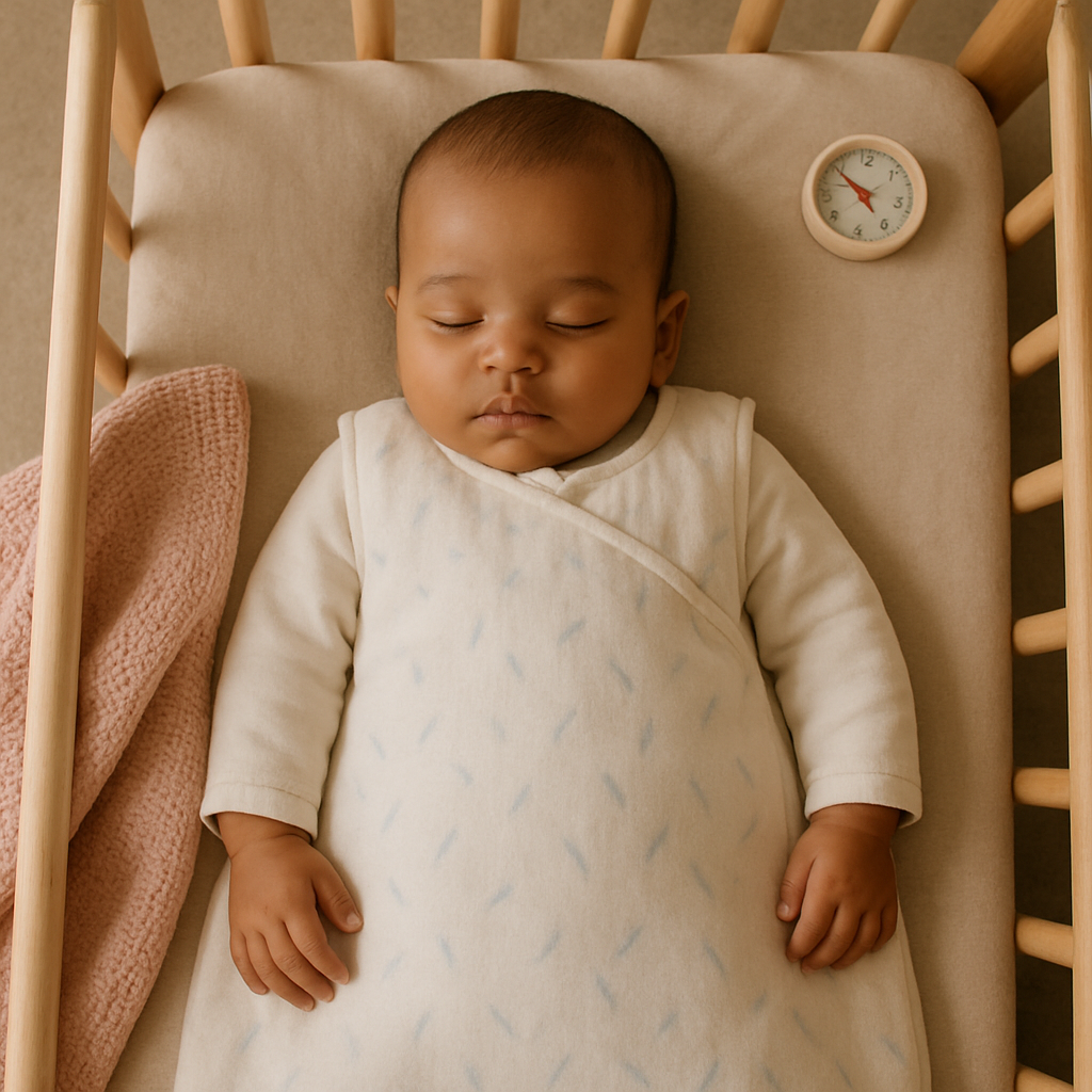 Ahşap beşikte 1.0 TOG organik pamuk uyku tulumu altında ince uzun kollu body giymiş huzurla uyuyan bebek, üstten görünüm; yaza geçişte bebek uyku tulumu TOG ve iç giyim rehberi