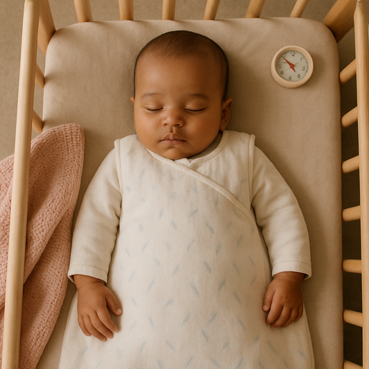 Ahşap beşikte 1.0 TOG organik pamuk uyku tulumu altında ince uzun kollu body giymiş huzurla uyuyan bebek, üstten görünüm; yaza geçişte bebek uyku tulumu TOG ve iç giyim rehberi