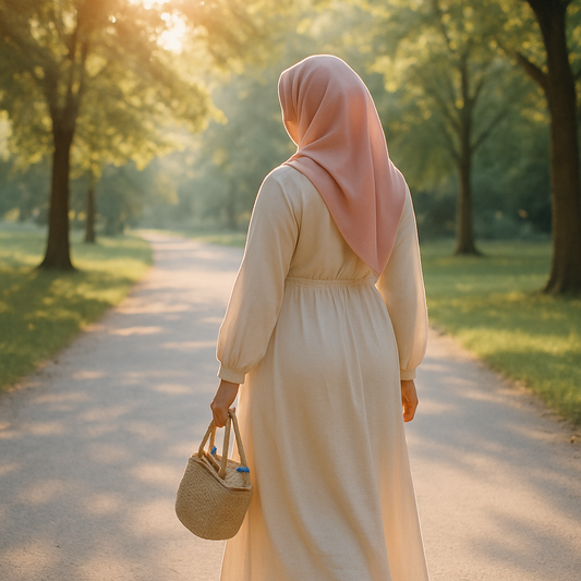 Yaz sabahı ağaçlıklı park yolunda yavaş tempoda yürüyen, krem uzun elbiseli ve petal pembe başörtülü hamile anne; arkadan görünüm, sabah ışığı — yaz sıcağında hamilelik ve serinleme yolları