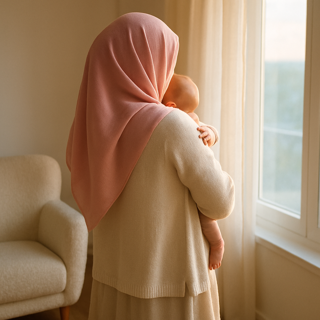 Yeni annenin bebeğini kucağında pencere kenarında tuttuğu sakin postpartum anı, arkadan görünüm, petal pink şal