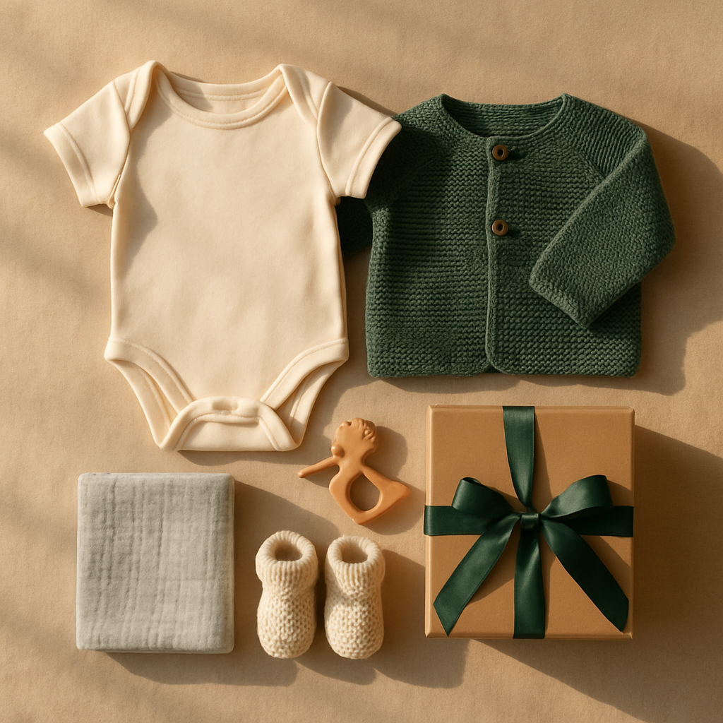Warm beige keten zemin üzerinde üstten düz çekim: katlanmış krem organik pamuk body, orman yeşili örgü hırka, krem patik, müslin örtü, ahşap hüdhüd oyuncağı ve yeşil kurdeleli hediye kutusu — yenidoğan hediyesi ne alınır anlamlı 10 fikir rehberi