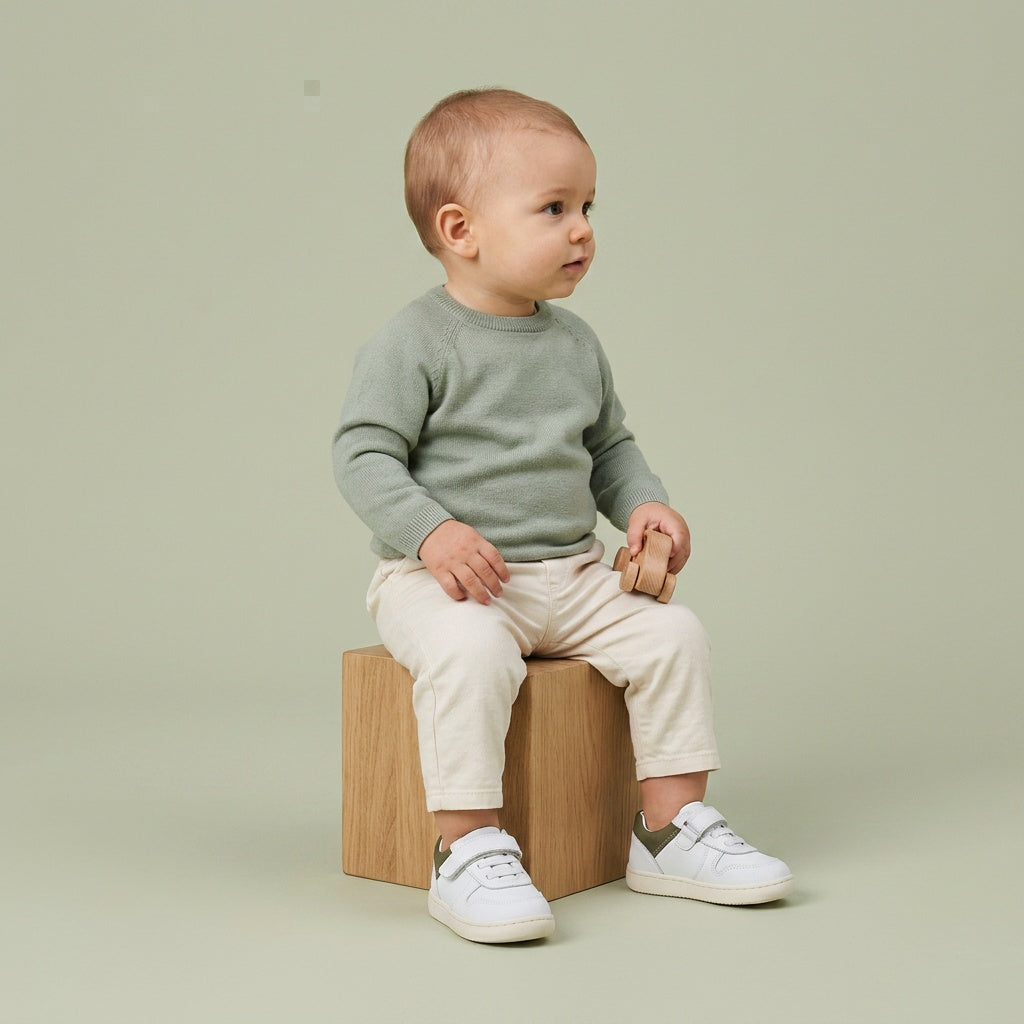 Maiyko Barefoot Beyaz Nubuk Haki bebek ayakkabisi tam boy