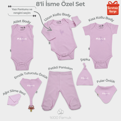 İsme Özel 8'li Yenidoğan Seti %100 Pamuk Pastel Pembe