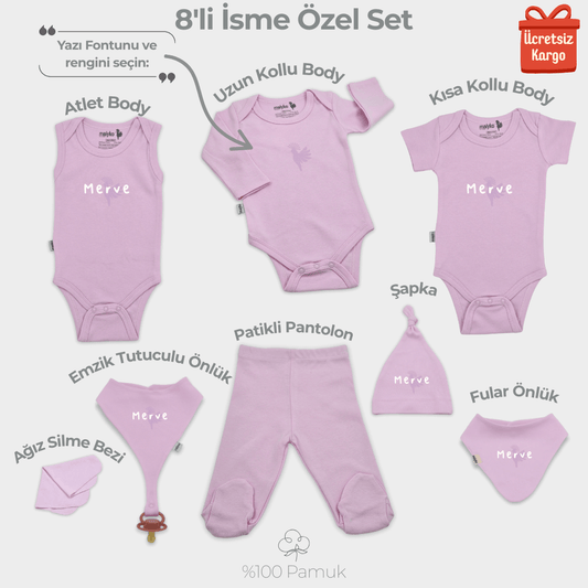 İsme Özel 8'li Yenidoğan Seti %100 Pamuk Pastel Pembe