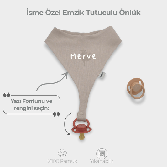 İsme Özel Emzik Tutuculu Önlük %100 Pamuklu Taş Rengi