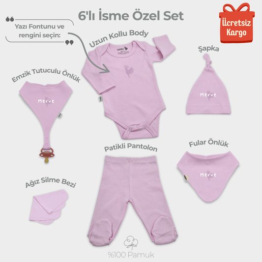 İsme Özel 6'lı Yenidoğan Seti %100 Pamuk Pastel Pembe