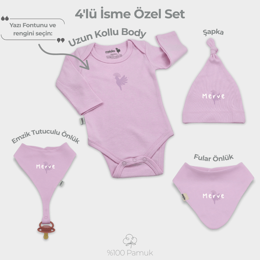 İsme Özel 4'lü Yenidoğan Seti %100 Pamuk Pastel Pembe