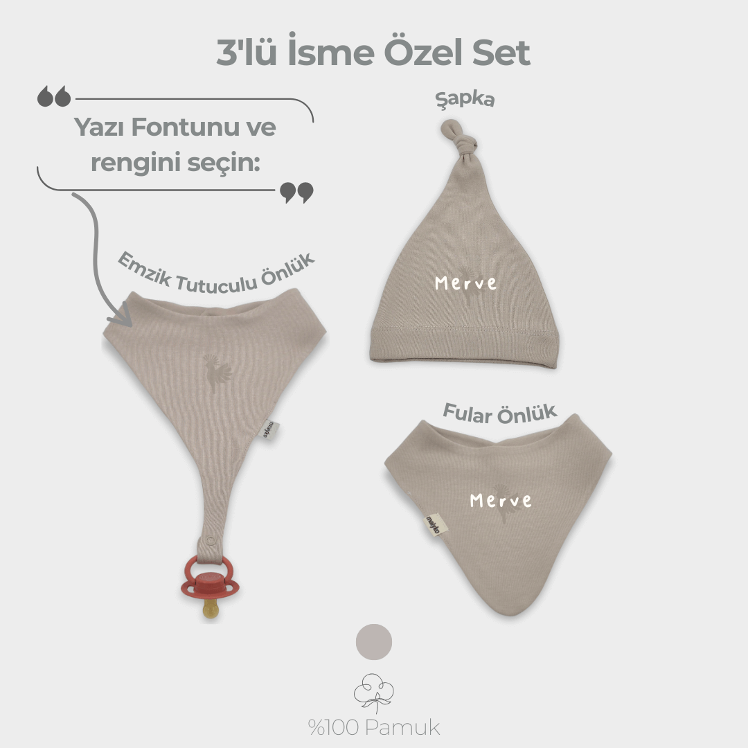 İsme Özel 3'lü Aksesuar Set %100 Pamuklu Taş Rengi