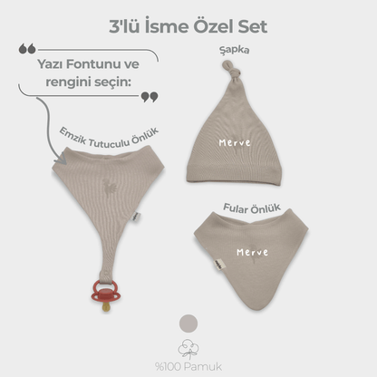 İsme Özel 3'lü Aksesuar Set %100 Pamuklu Taş Rengi