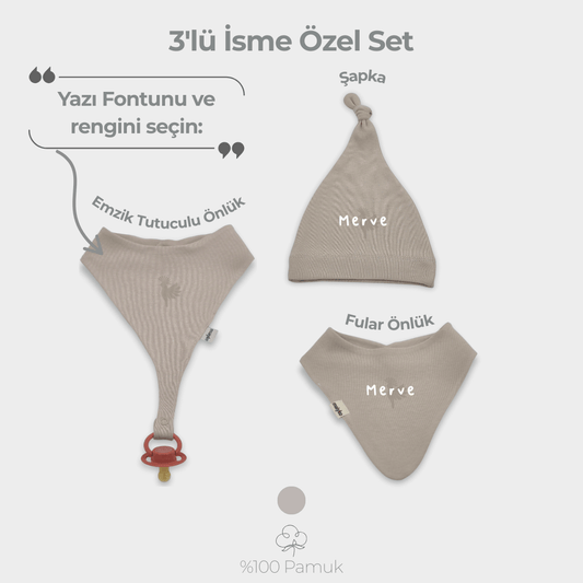 İsme Özel 3'lü Aksesuar Set %100 Pamuklu Taş Rengi