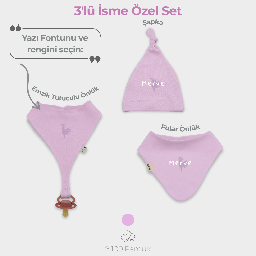 İsme Özel 3'lü Aksesuar Set %100 Pamuklu Pastel Pembe
