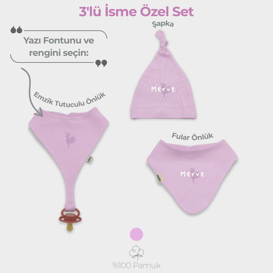 İsme Özel 3'lü Aksesuar Set %100 Pamuklu Pastel Pembe