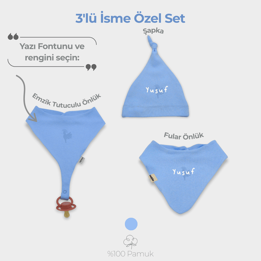 İsme Özel 3'lü Aksesuar Set %100 Pamuklu Bebe Mavisi