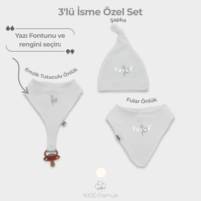 İsme Özel 3'lü Aksesuar Set %100 Pamuklu Ekru