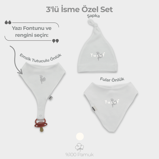İsme Özel 3'lü Aksesuar Set %100 Pamuklu Ekru