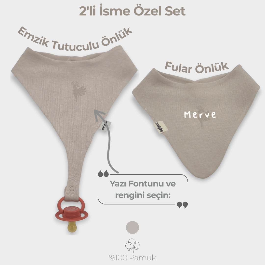 İsme Özel 2'li Önlük Seti %100 Pamuklu Taş Rengi