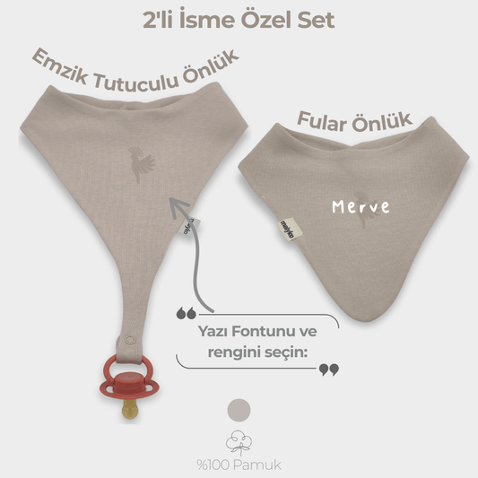 İsme Özel 2'li Önlük Seti %100 Pamuklu Taş Rengi