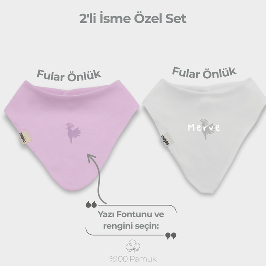 İsme Özel 2'li Fular Önlük Seti %100 Pamuklu Pastel Pembe