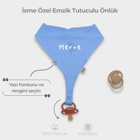 İsme Özel Emzik Tutuculu Önlük %100 Pamuklu Bebe Mavisi