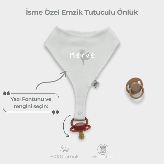 İsme Özel Emzik Tutuculu Önlük %100 Pamuklu Ekru