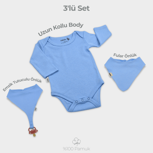 3'lü Set %100 Pamuk Bebe Mavisi