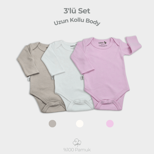 3'lü Uzun Kollu Body Set %100 Pamuk Pastel Pembe