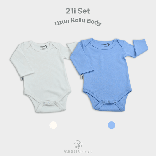 2'li Uzun Kollu Body Set %100 Pamuk Bebe Mavisi ve Ekru