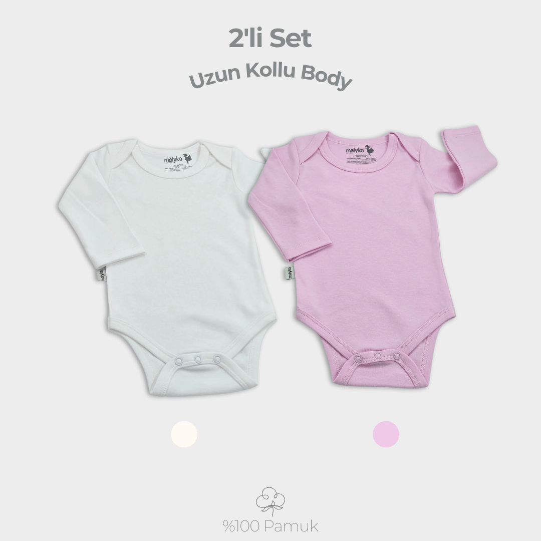2'li Uzun Kollu Body Set %100 Pamuk Pastel Pembe ve Ekru
