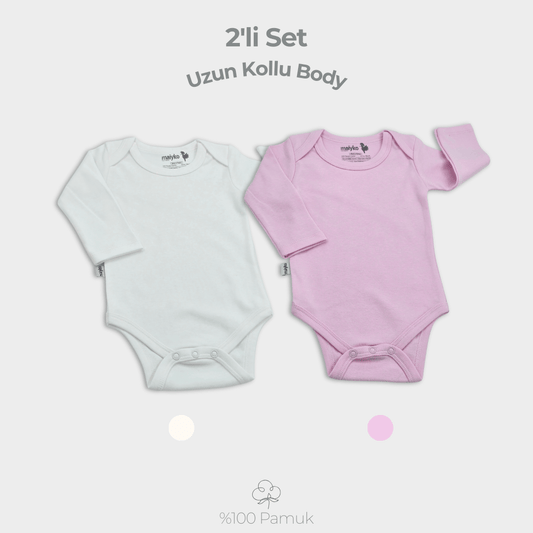 2'li Uzun Kollu Body Set %100 Pamuk Pastel Pembe ve Ekru