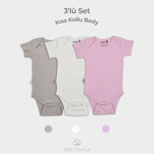 3'lü Kısa Kollu Body Set %100 Pamuk Pastel Pembe