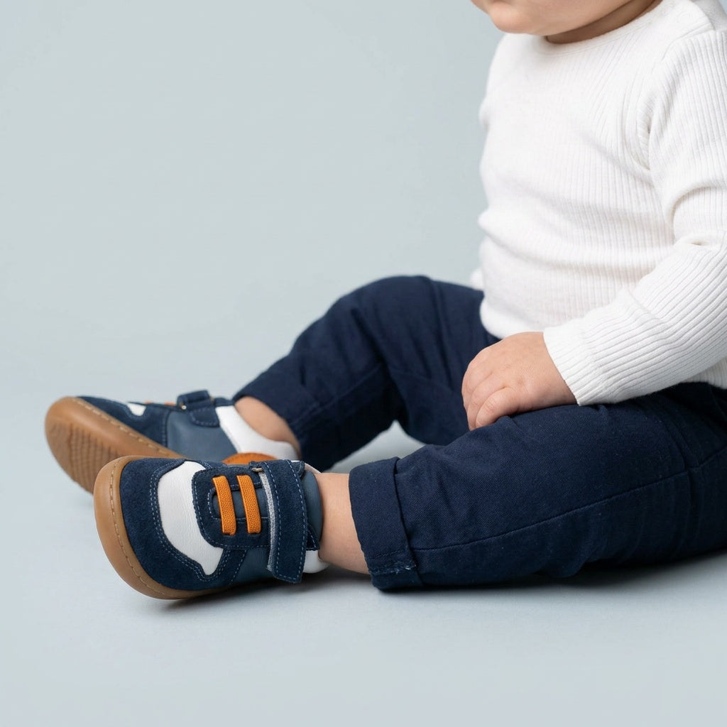 Maiyko Barefoot lacivert beyaz hakiki deri bebek ilk adım ayakkabısı - yakın çekim detay