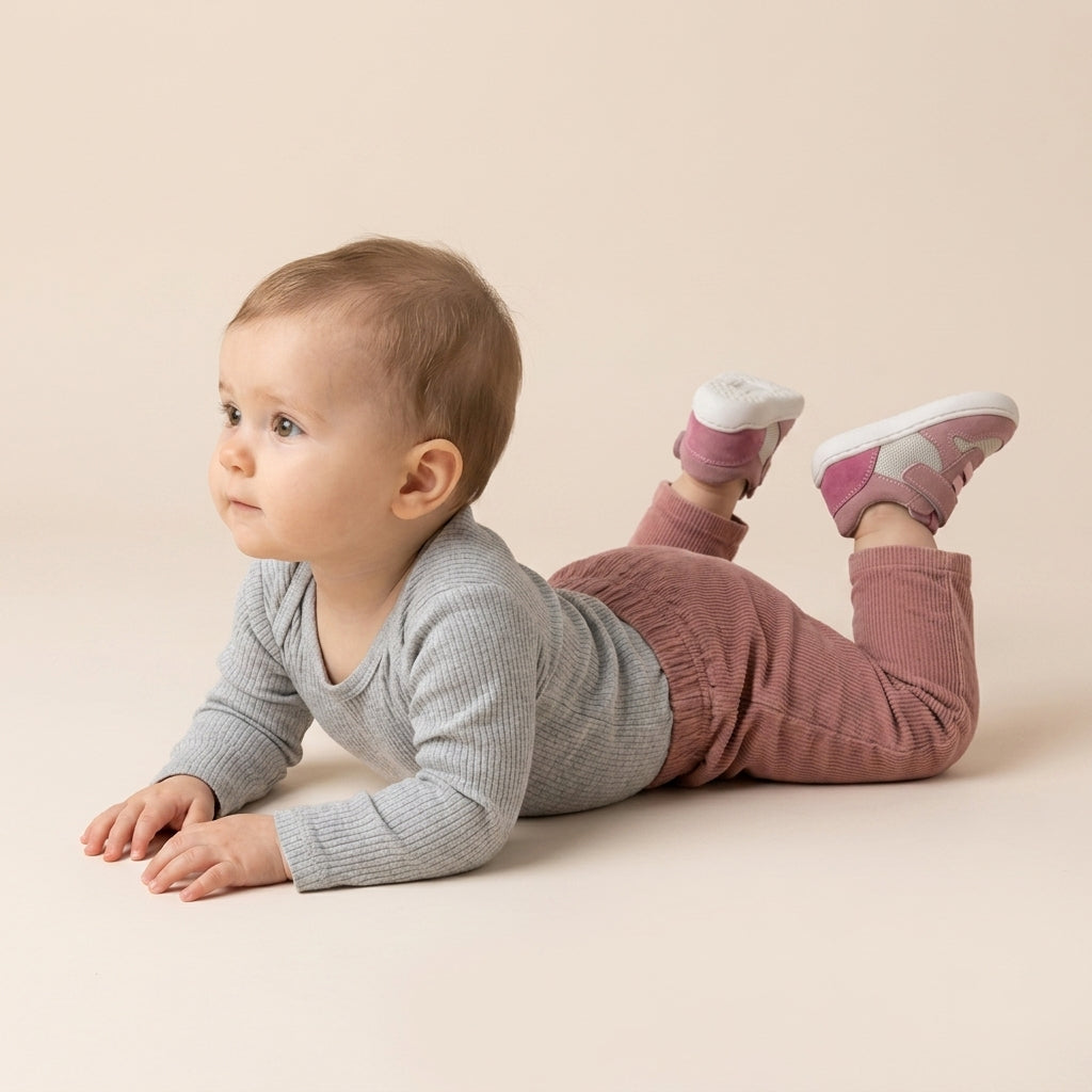 Maiyko Barefoot toz pembe hakiki deri bebek ilk adım ayakkabısı - stüdyo