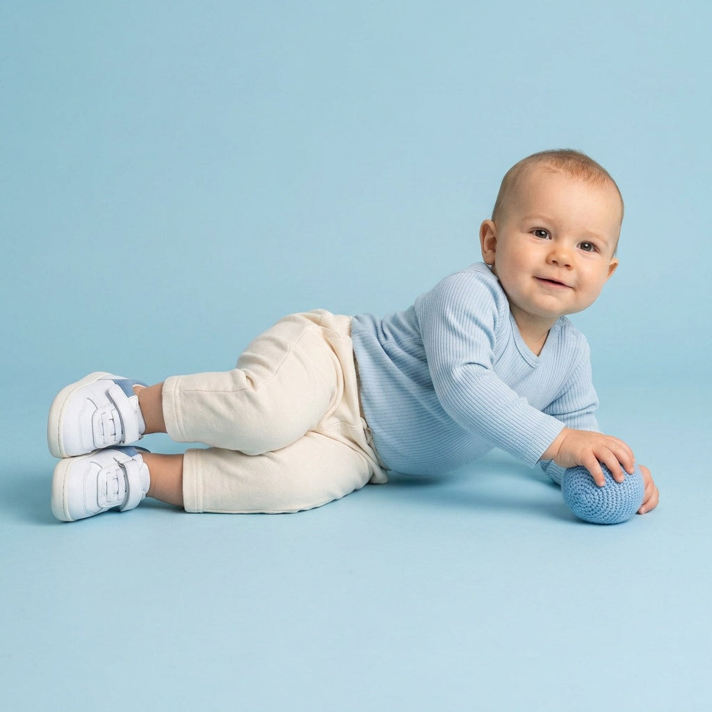 Maiyko Barefoot Beyaz Nubuk Mavi bebek ayakkabisi yakin cekim