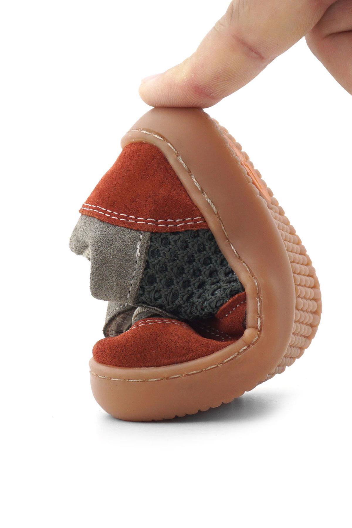 Maiyko Barefoot Hakiki Deri Cırtcırtlı İlk Adım Bebek Sneaker Kiremit & Gri