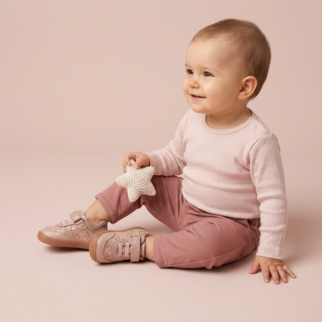 Maiyko Barefoot Simli Pudra bebek ayakkabisi yakin cekim